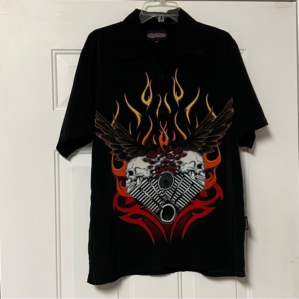 VTG Sapphire Lounge Button UP Shirt Black Red Orange Fire Flames Skull Motor M